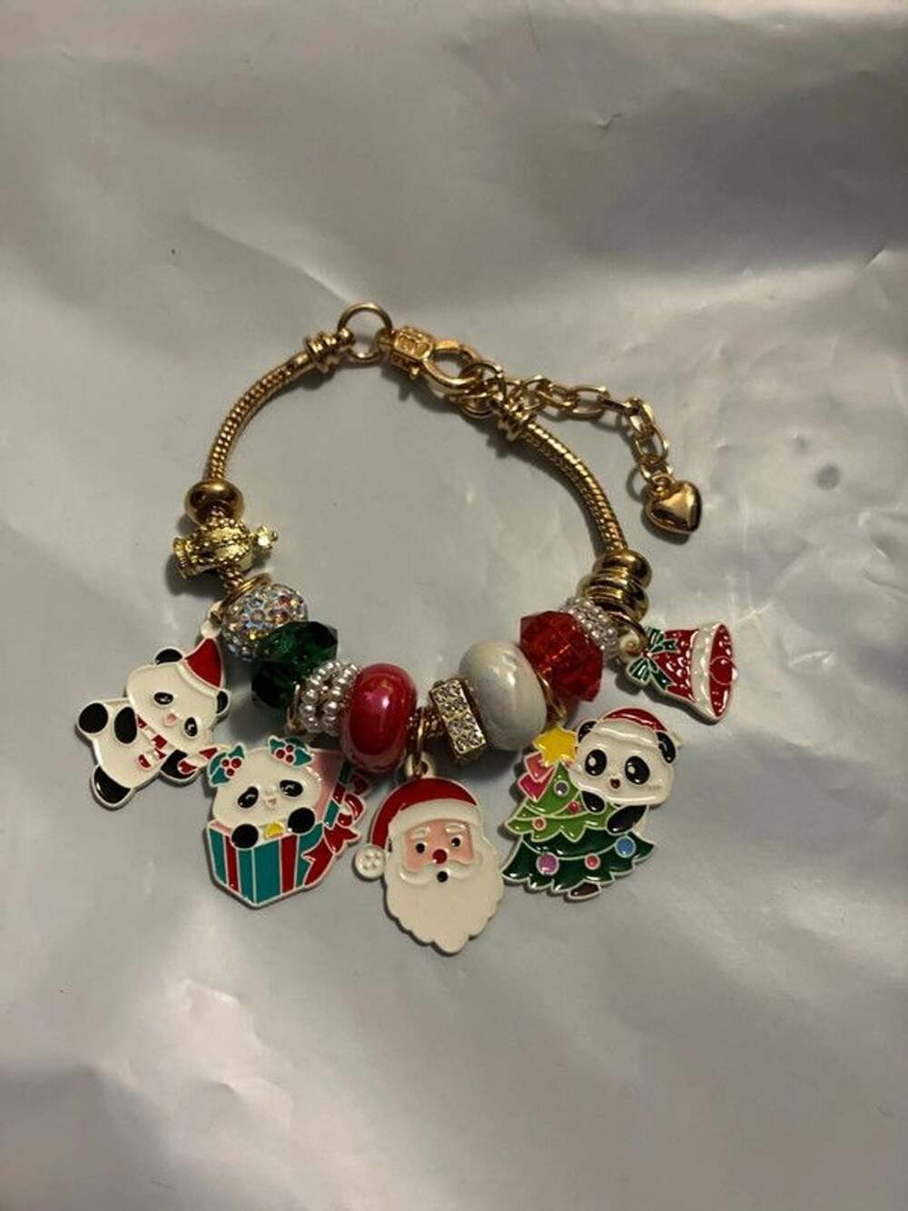 Fashion jewelry Gold tone kawaii Christmas charm bracelet Santa pandas red green
